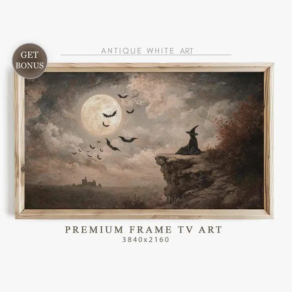 Halloween Witch Oil Painting Art Print, Full Moon Bat