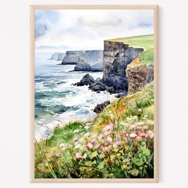 Irish Cliffside Scene Watercolor Art Print, Home Decor