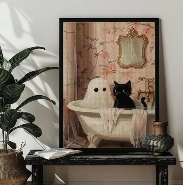 Ghost And Cat In Bathtub Spooky Halloween Art Print