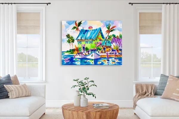 Key West Watercolor Boat Travel Poster, Florida Island