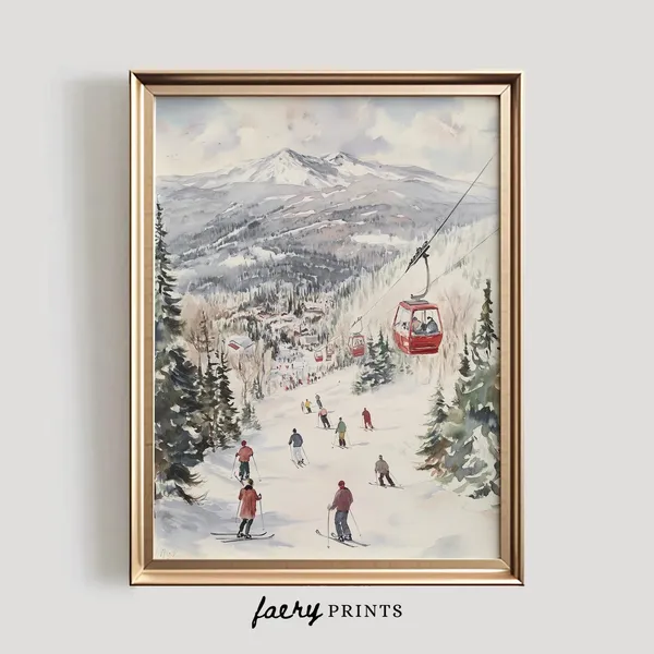 Ski Resort Watercolor Art Print, Vintage Alpine Lodge