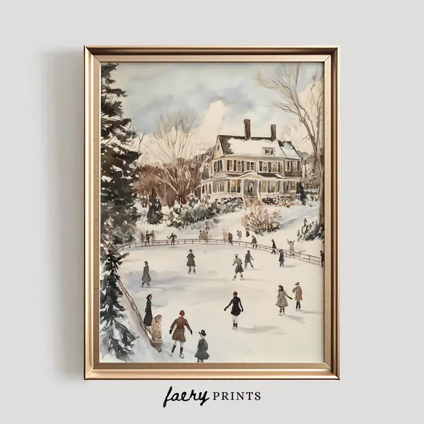 Ice Skating Winter Wonderland, Vintage Style Art Print