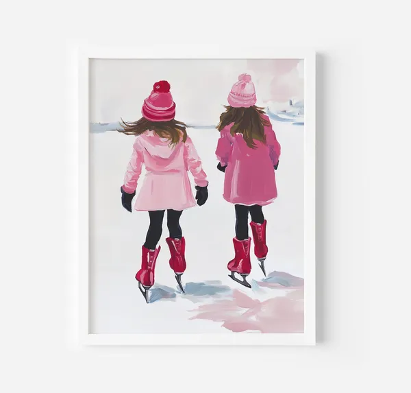 Pink Ice Skater Girls Art Print, Winter Christmas