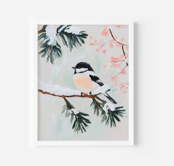 Winter Birds Art Print, Vintage Farmhouse Style