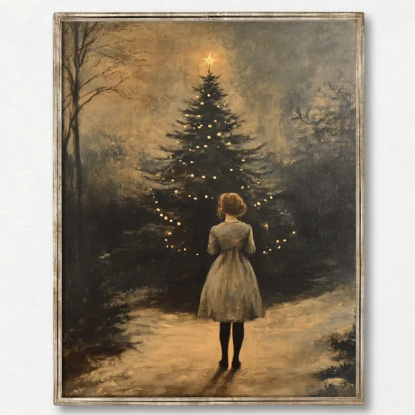 Vintage Girl Approaching Christmas Tree Art Print