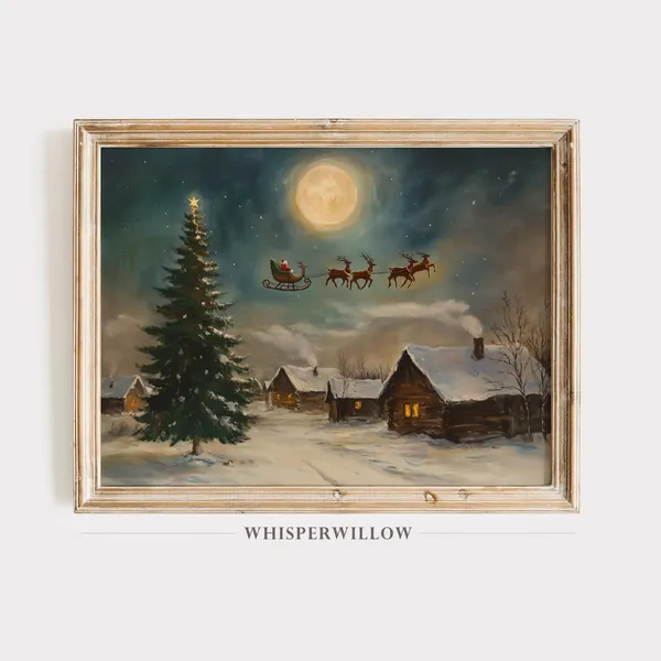 Santa Sleigh Over Moonlit Winter Village Art Print