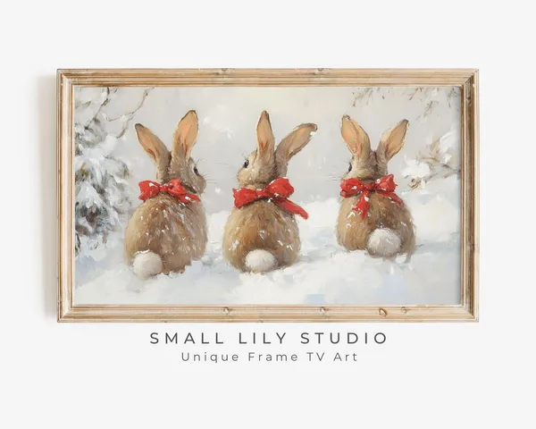 Bunnies With Red Bows In Snow, Winter Animal Art Print