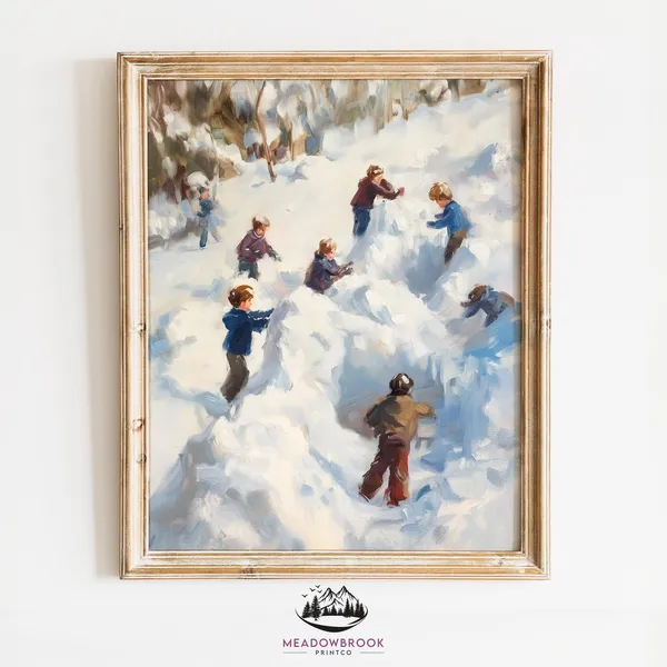 Children Building Snow Forts Rustic Winter Art Print