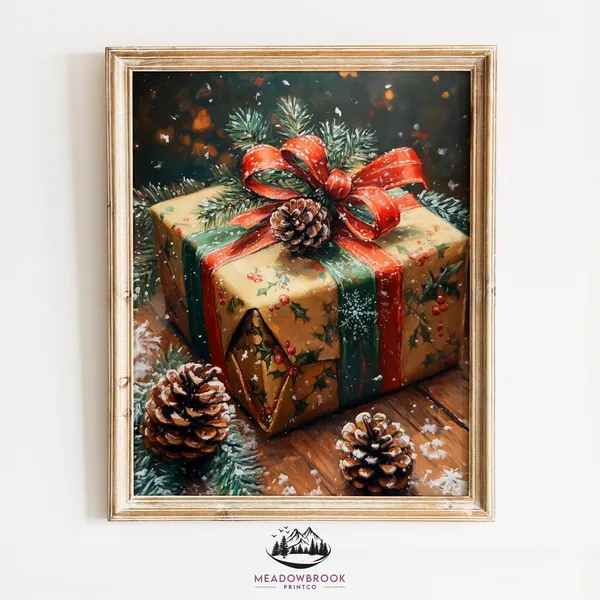Christmas Gift With Ribbons And Pinecones Art Print