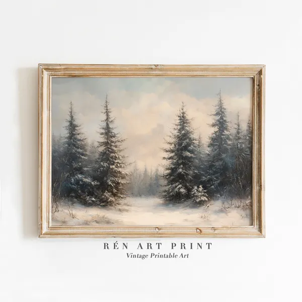 Vintage Winter Pine Tree Landscape Art Print