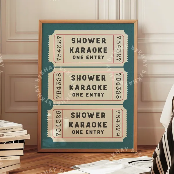 Shower Karaoke Ticket Poster, Retro Bathroom Decor