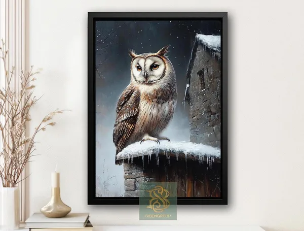 Vintage Barn Owl and Snowy Owl, Rustic Winter Art Print