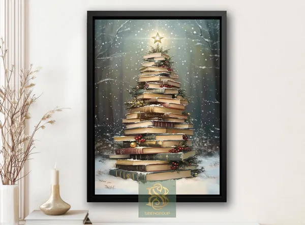 Vintage Christmas Book Tree Art Print, Winter Decor