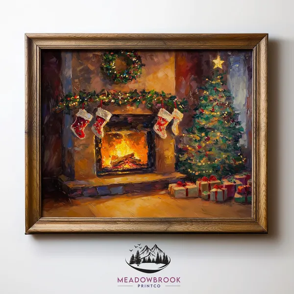 Cozy Christmas Living Room Fireplace Holiday Art Print
