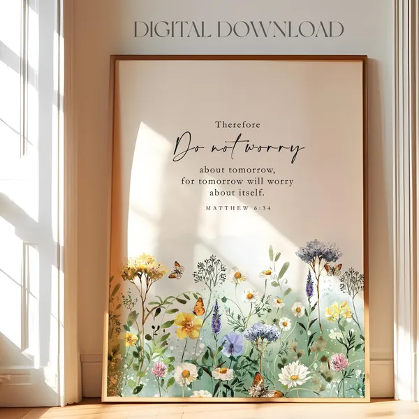 Matthew 6:34 Bible Verse Watercolor Wildflower Art Print