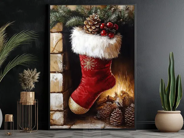Cozy Christmas Stocking Painting, Fireplace Art Print