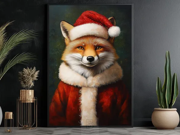 Christmas Fox in Santa Hat, Holiday Animal Poster Print