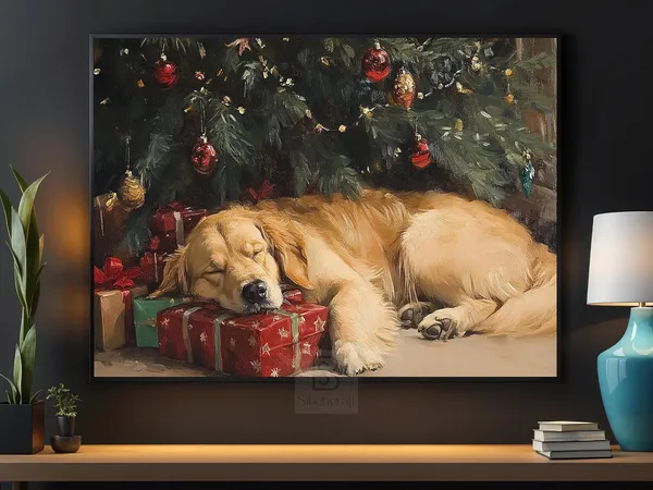 Golden Dog Sleeping Christmas Poster Art Print