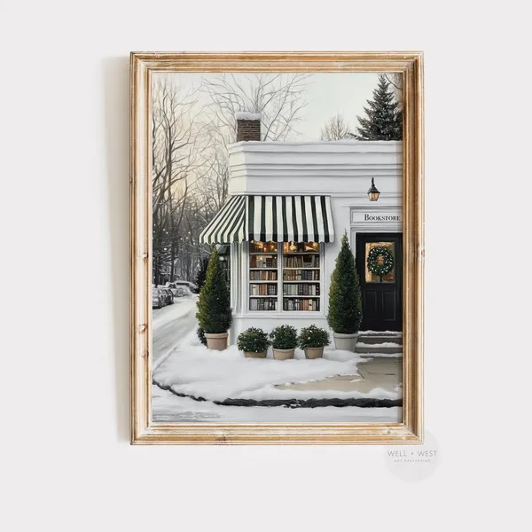 Winter Bookstore Vintage Style Art Print