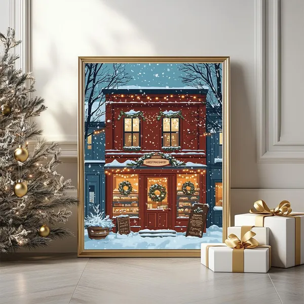 Christmas Bakery Illustration Poster, Cozy Winter Shop