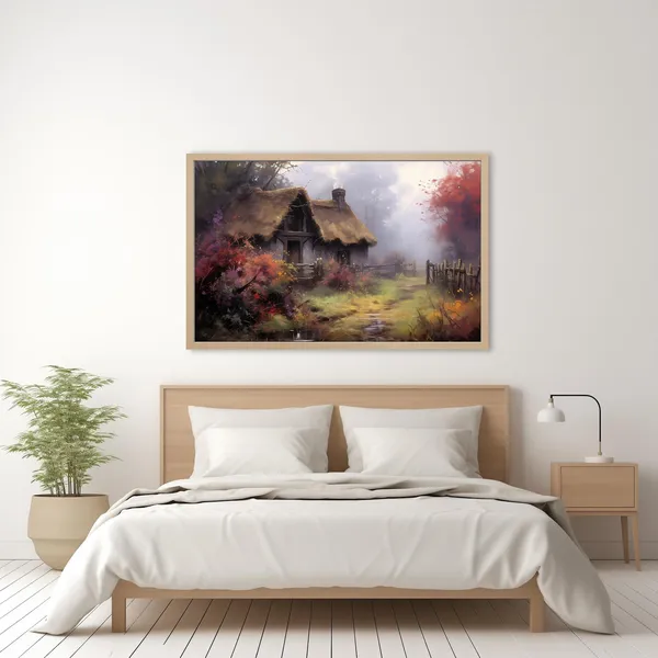 Vintage Fall Cottage Landscape Art Print, Cottagecore
