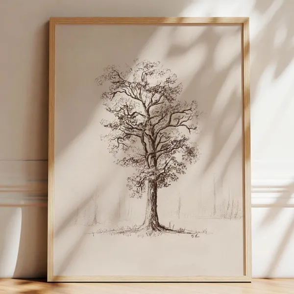 Oak Tree Pencil Sketch Minimal Neutral Nature Art Print
