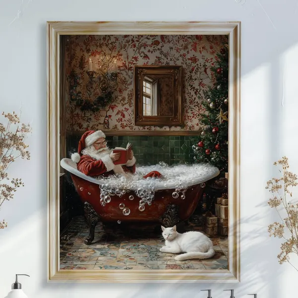 Santa Claus Reading in Bathtub Christmas Poster