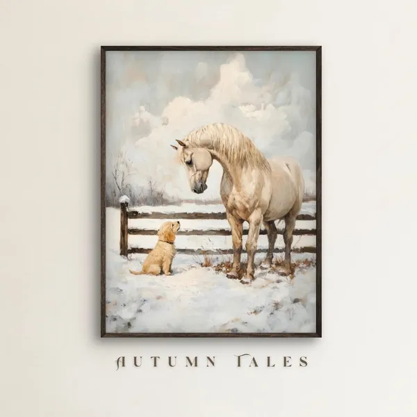 Vintage Winter Farm Art Print, Christmas Animals