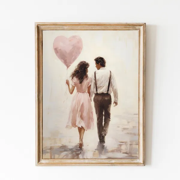 Romantic Walk Pink Heart Vintage Love Art Print