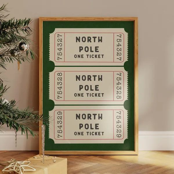 North Pole Ticket Vintage Christmas Travel Poster