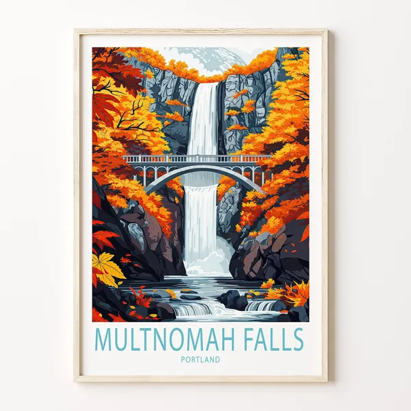 Multnomah Falls Travel Poster, Portland Wall Art Print