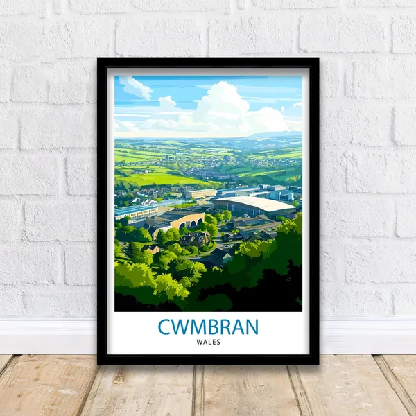 Cwmbran Wales Travel Poster, Welsh Town Landscape