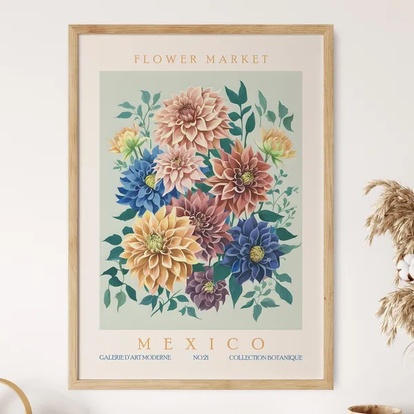 Mexico Flower Market Dahlia Art Print, Retro Botanical