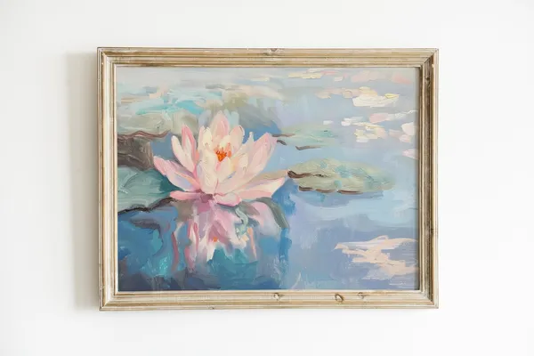 Water Lily Painting, Pink and Blue Floral Art Print