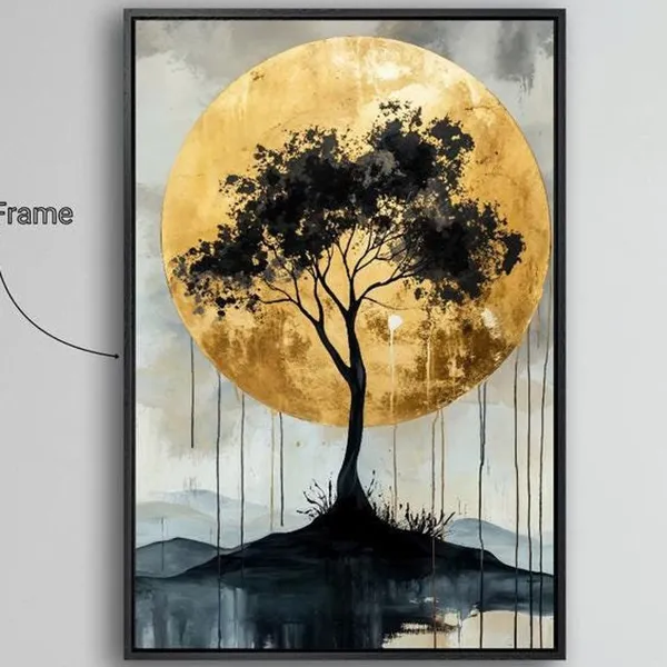 Black Tree Silhouette, Abstract Sun Art Print