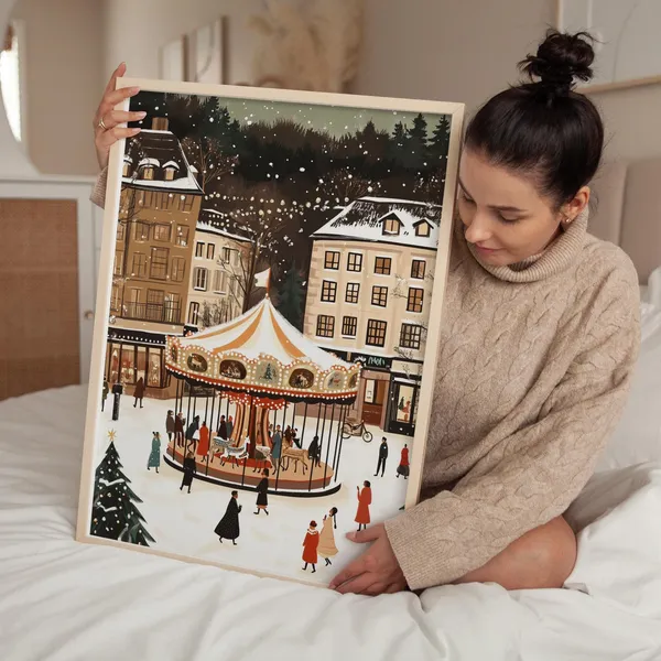 Retro Christmas Market Art Print, Mid-Century Holiday Decor