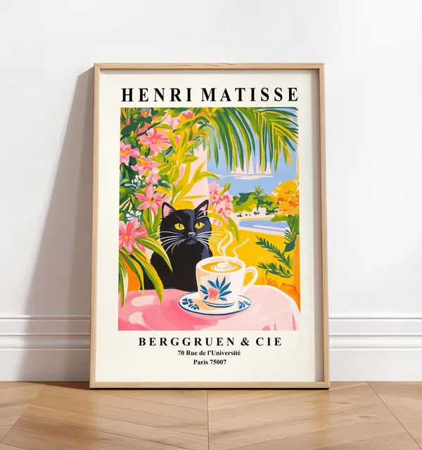 Black Cat Drinking Coffee Art Print, Matisse-Inspired