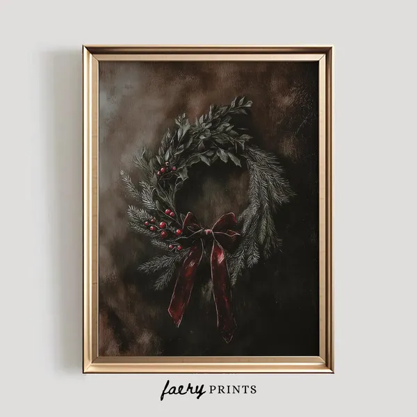 Dark Christmas Wreath Art, Victorian Holiday Poster