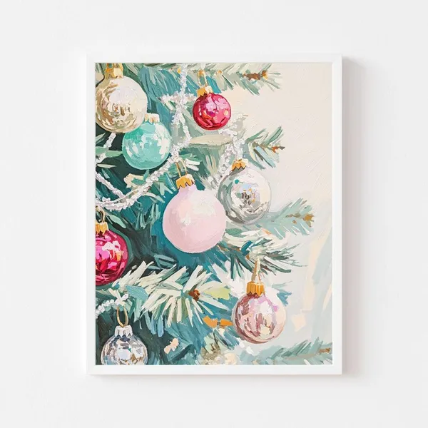 Retro Christmas Tree Ornaments, Vintage Holiday Art Print