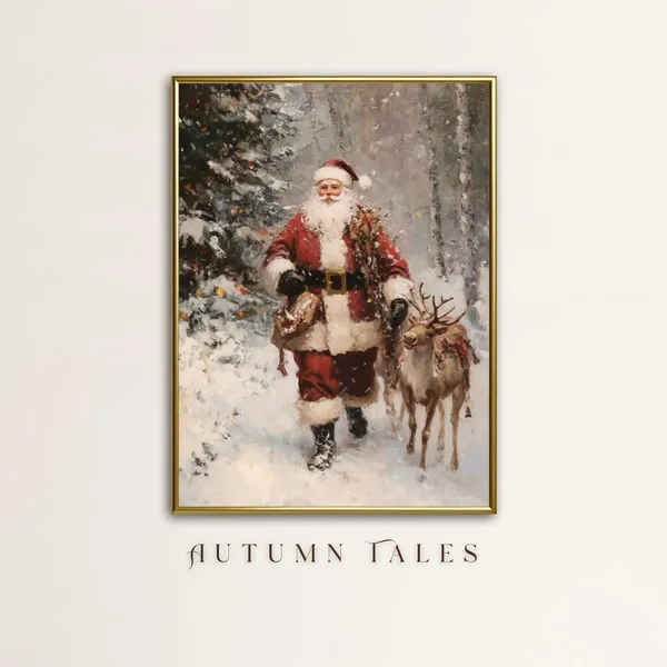 Vintage Christmas Santa and Reindeer Winter Poster