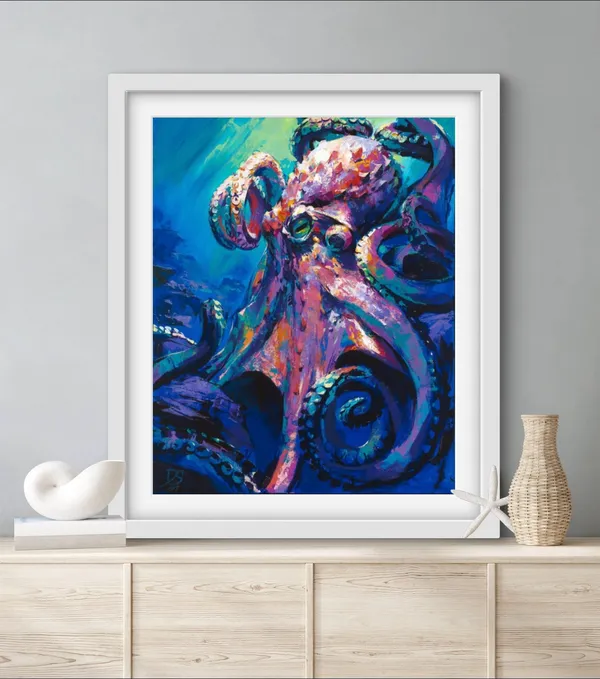 King Octopus Coastal Wildlife Art Print, Nautical Whimsy