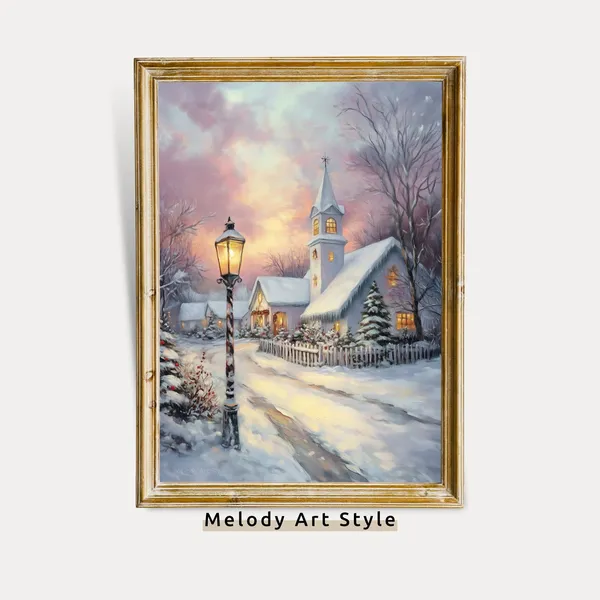 Christmas Snowy Village at Sunset Art Print