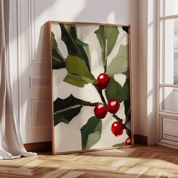 Red Holly Christmas Print, Vintage Holiday Art Print