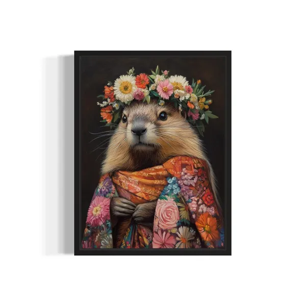 Marmot Poster Art Print, Animal Flowers in Kimono