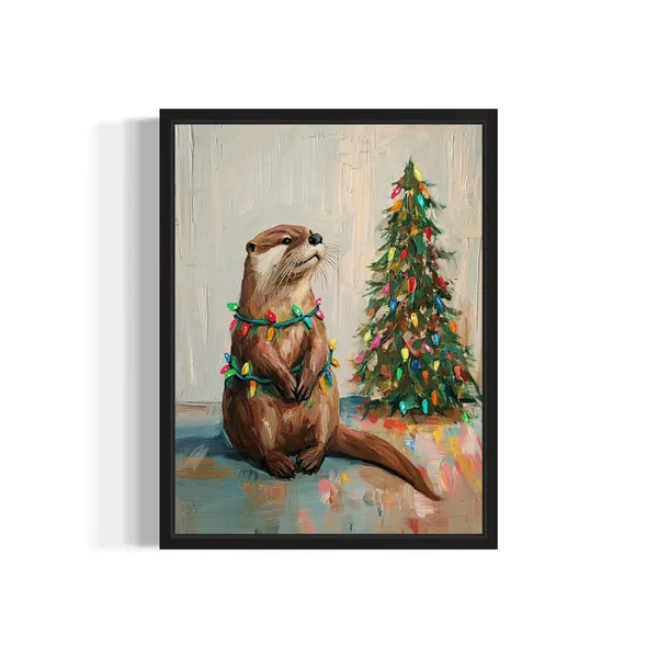 Otter Tangled in Christmas Lights Art Print