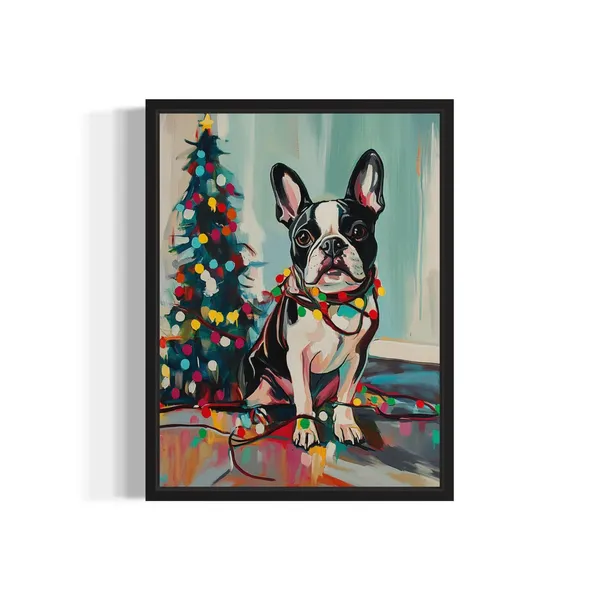 Boston Terrier Tangled In Christmas Lights Art Print