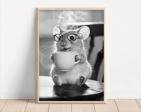 Mouse Drinking Coffee Wearing Glasses, Vintage Retro Art Print