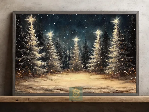 Vintage Christmas Tree Painting, Holiday Wall Art Print