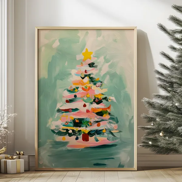 Boho Christmas Tree Art Print, Vintage Holiday Decor