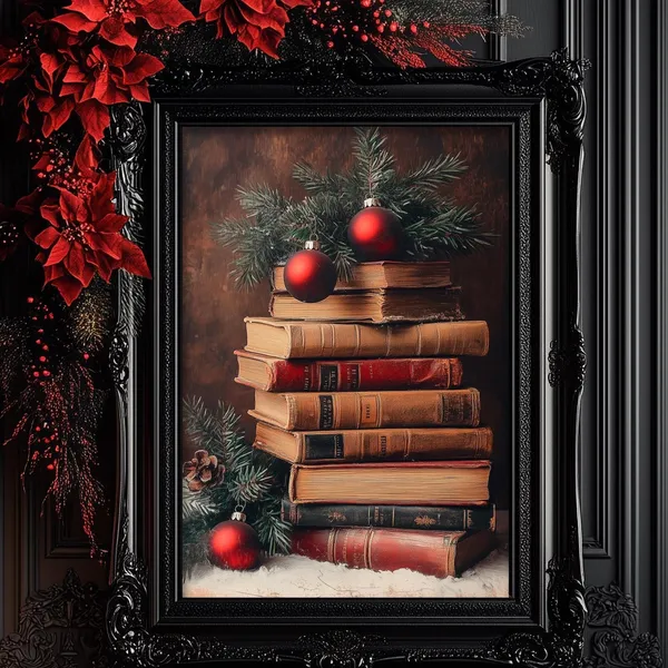 Christmas Book Stack, Dark Academia Vintage Art Print